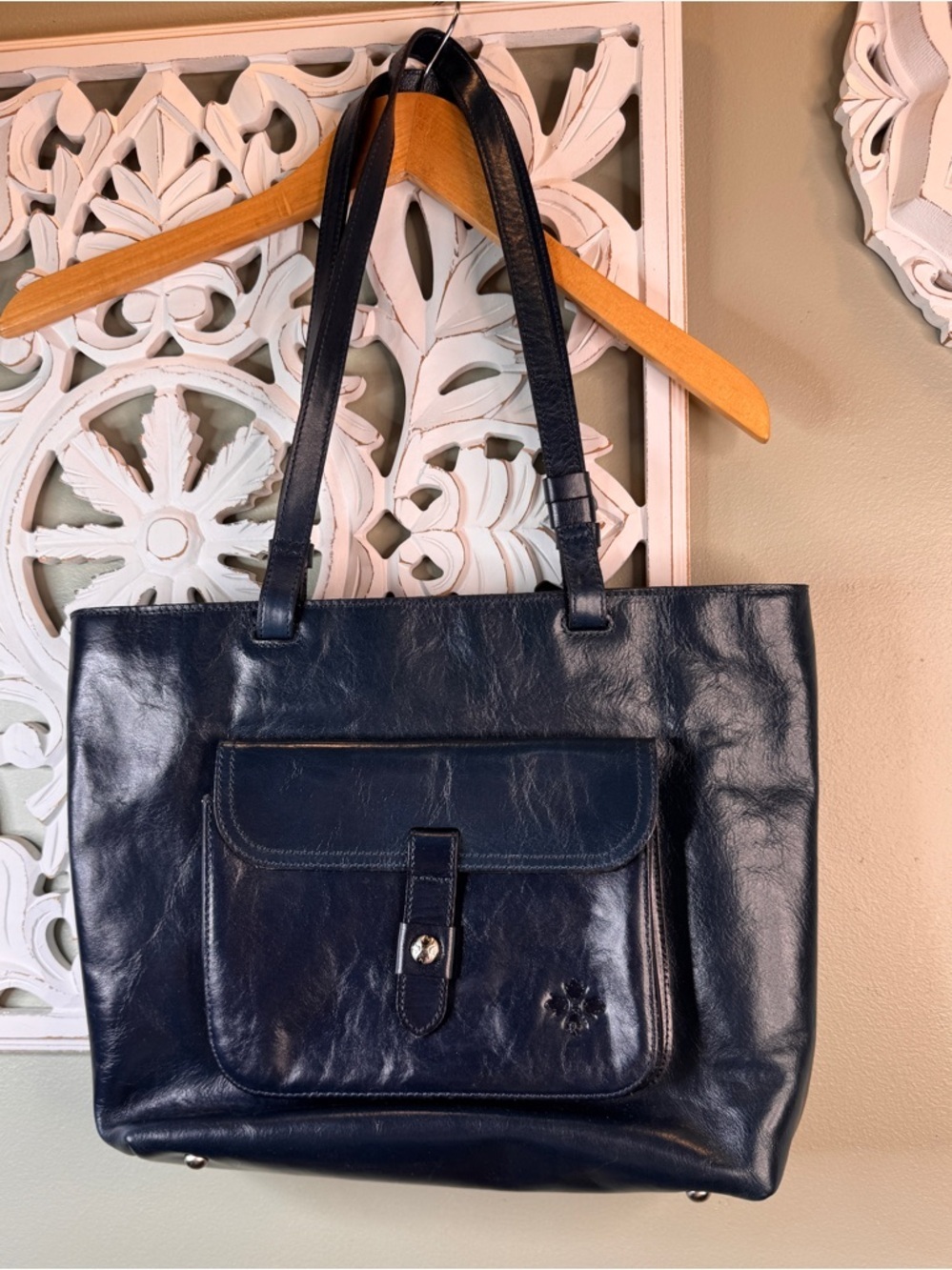 Patricia Nash Madison Navy Leather Tote Bag with Front Pocket